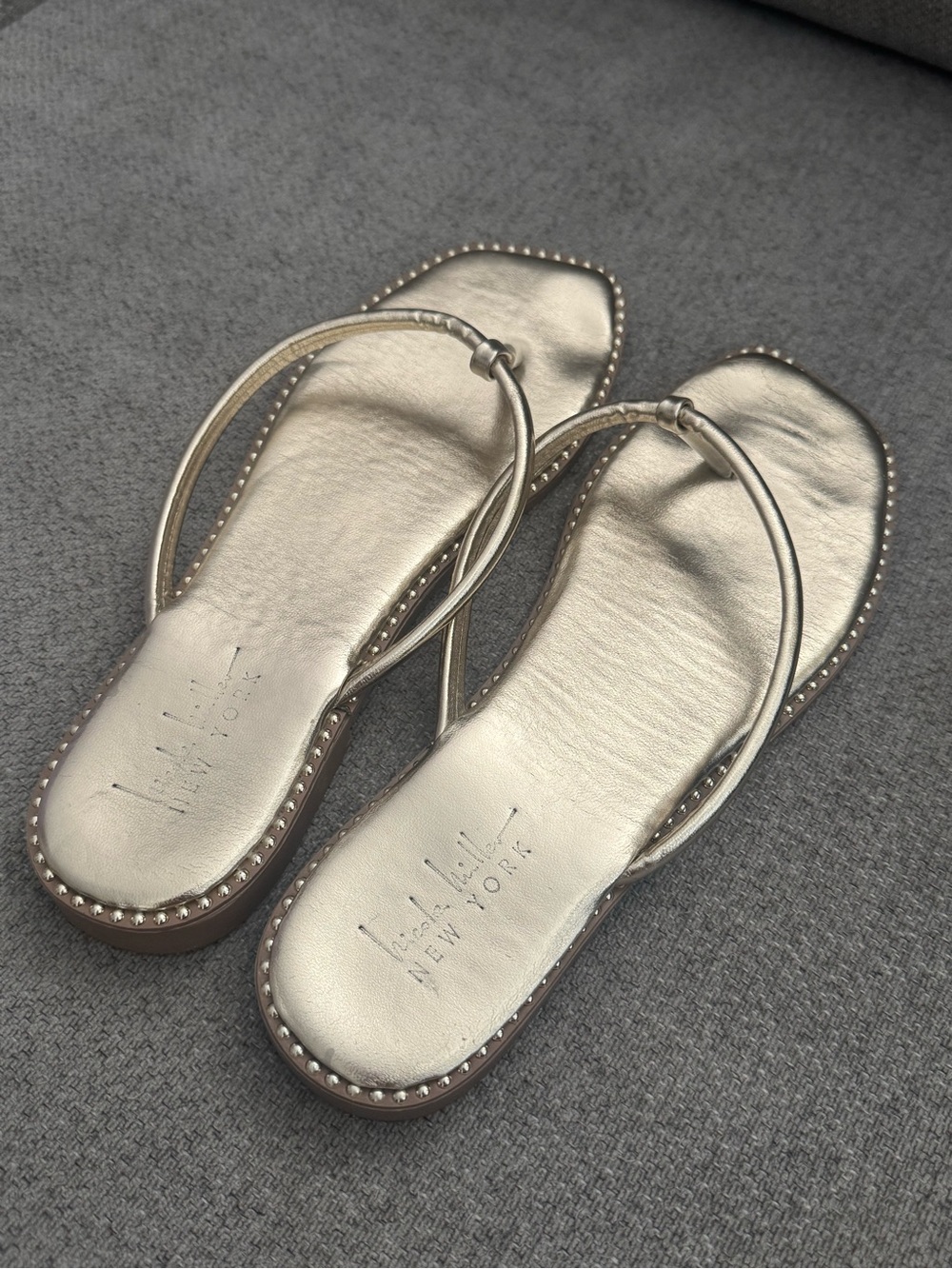 Nicole Miller Metallic Gold Thong Sandals with Stud Trim